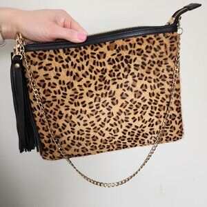 Chico's Leopard Print Bag Purse Clutch Calf Hair Cow Leather Gold Chain Tassel